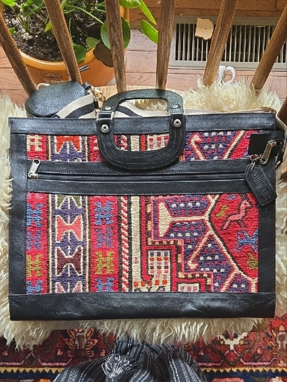 Tapestry, KILIM ART Boho Woven Tribal Pattern Tote - Red, Navy, Cream